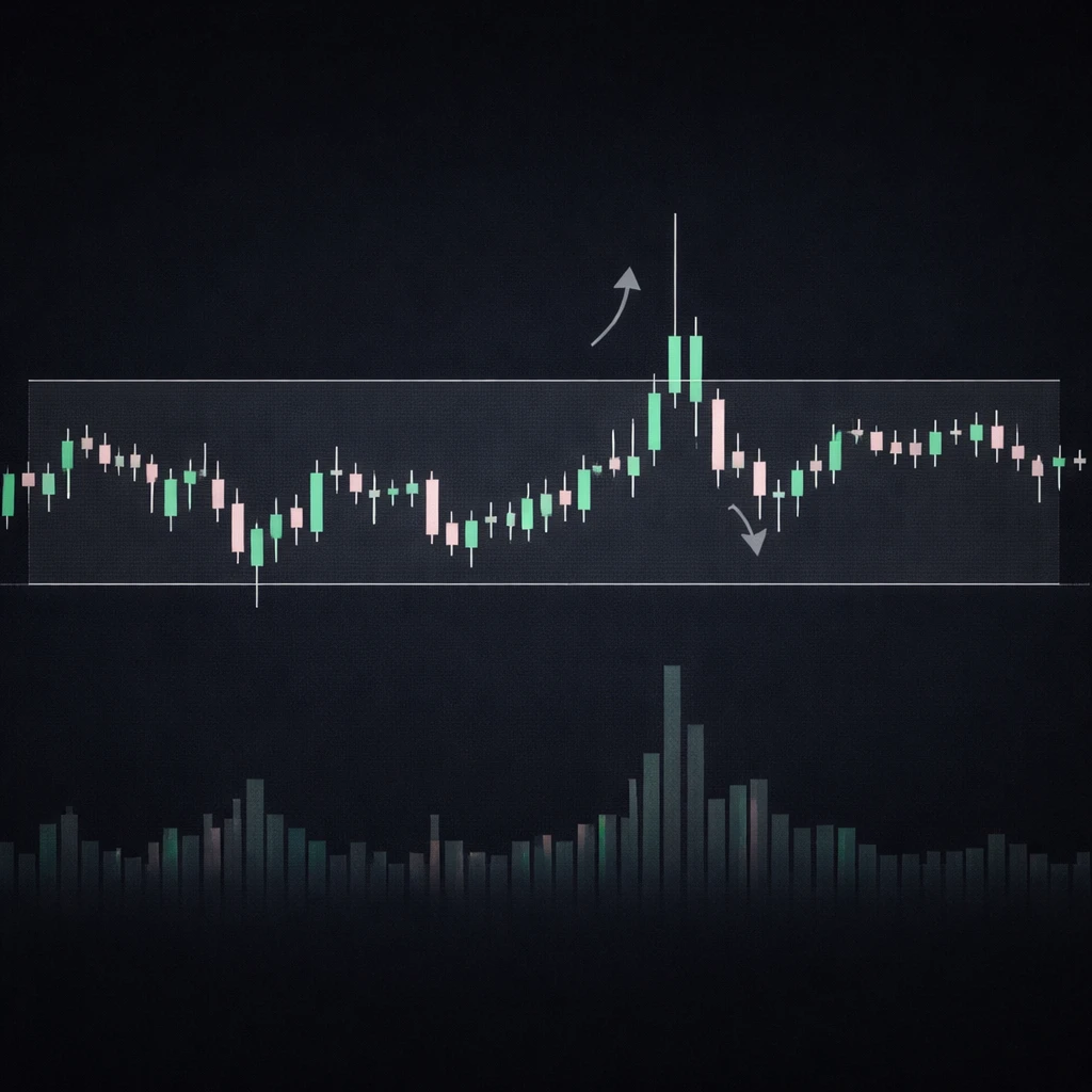 Candlestick chart showing a false breakout above resistance followed by a return into the prior range.