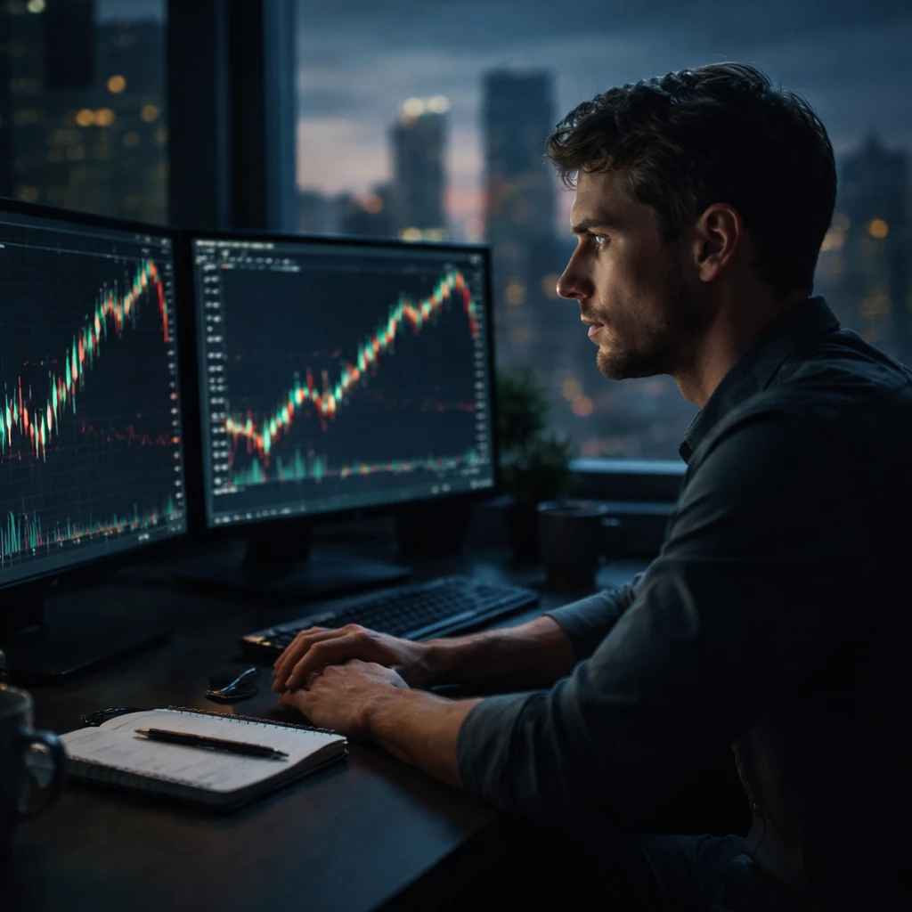 A professional investor sits calmly before glowing financial charts, city skyline at dusk in the background.