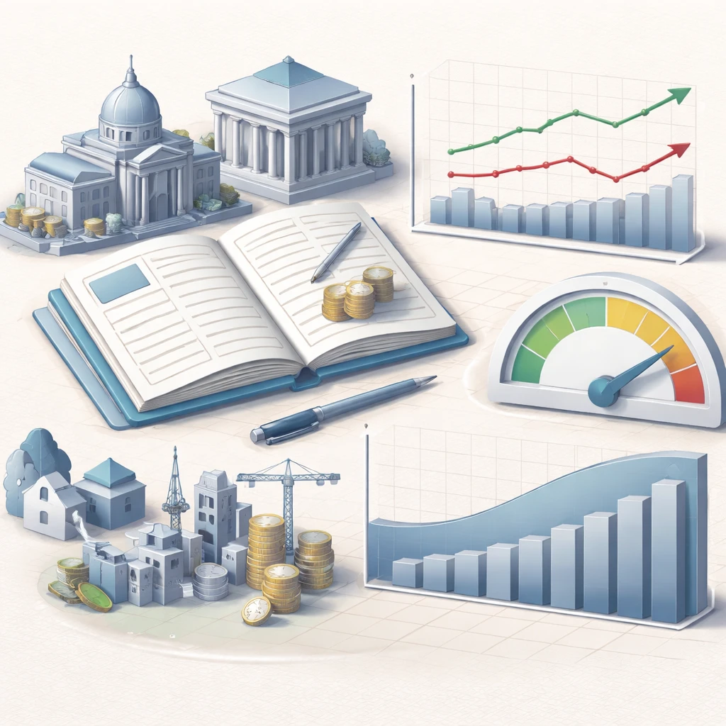 Illustration of fiscal policy with spending, taxes, debt, and a yield curve influencing the economy.