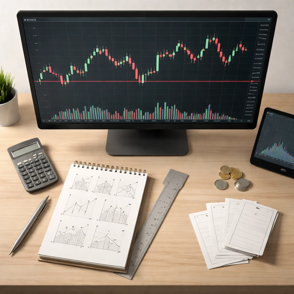 Top-down view of a trading desk with charts on a monitor, a calculator, ruler, and blank order tickets, visually suggesting risk measurement and position sizing.