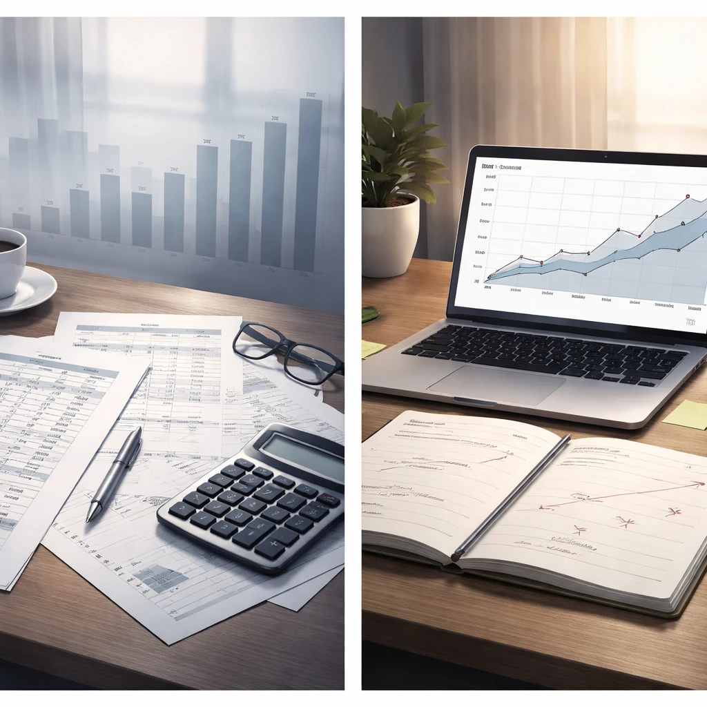 Side-by-side scene contrasting historical financial data and forward-looking forecasts using charts and workpapers on a professional desk.