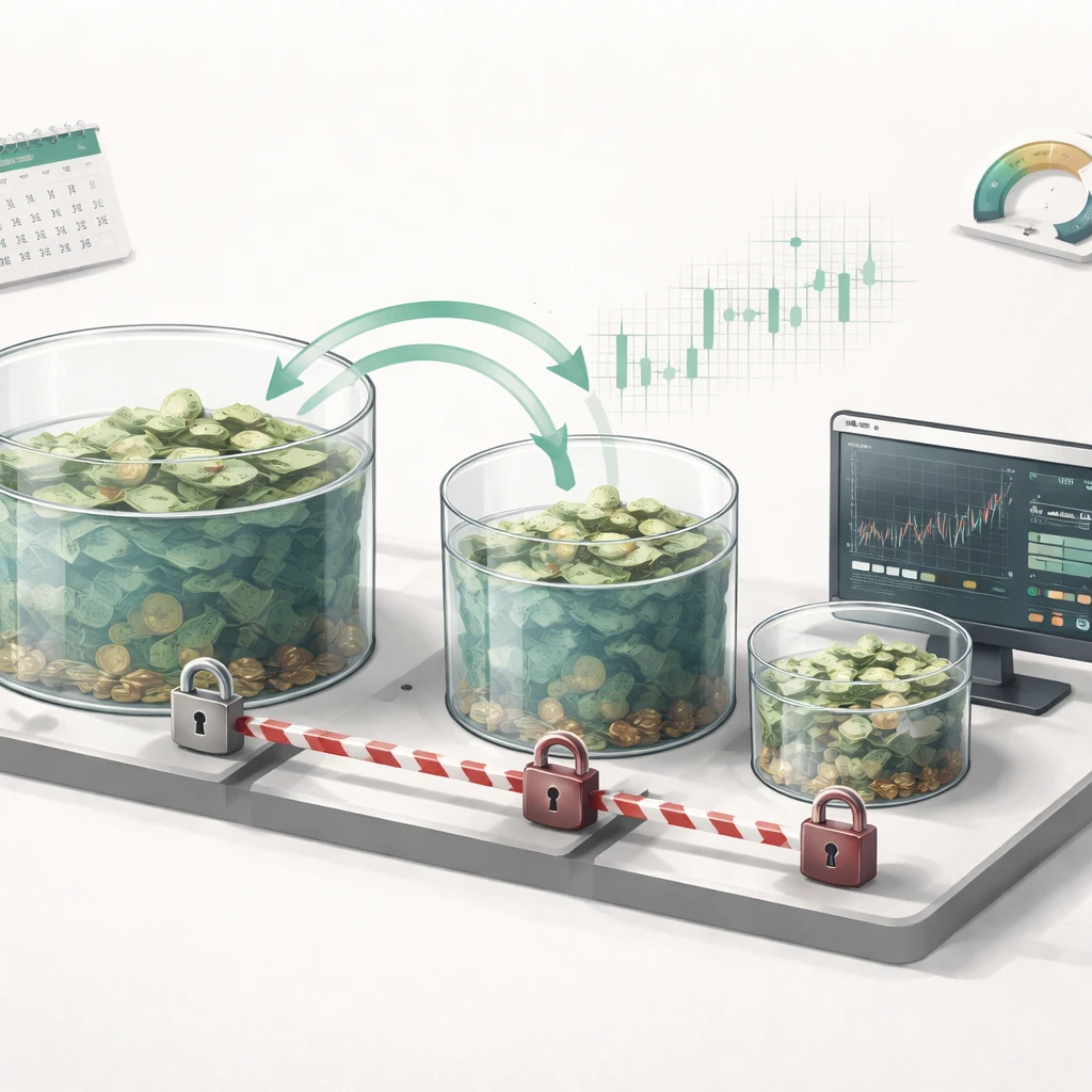 Isometric visualization of a portfolio segmented into a long-term core, a liquidity reserve, and a trading account with controlled transfer arrows and guardrails.