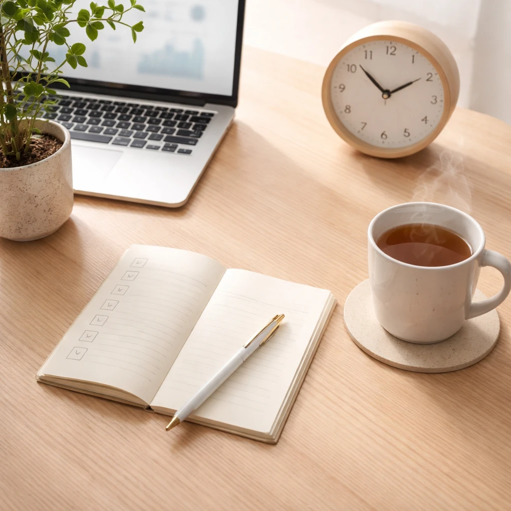 Minimalist trading workspace arranged in a subtle loop with a clock, notebook, pen, and cup of tea suggesting cue, routine, and reward.
