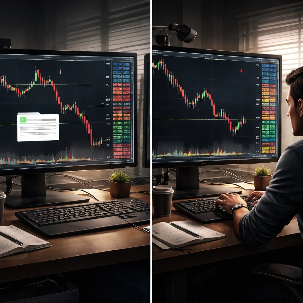 Split-scene illustration showing an automatic stop executing on one screen and a trader preparing a manual exit on another, with a volatile candlestick chart in both panels.