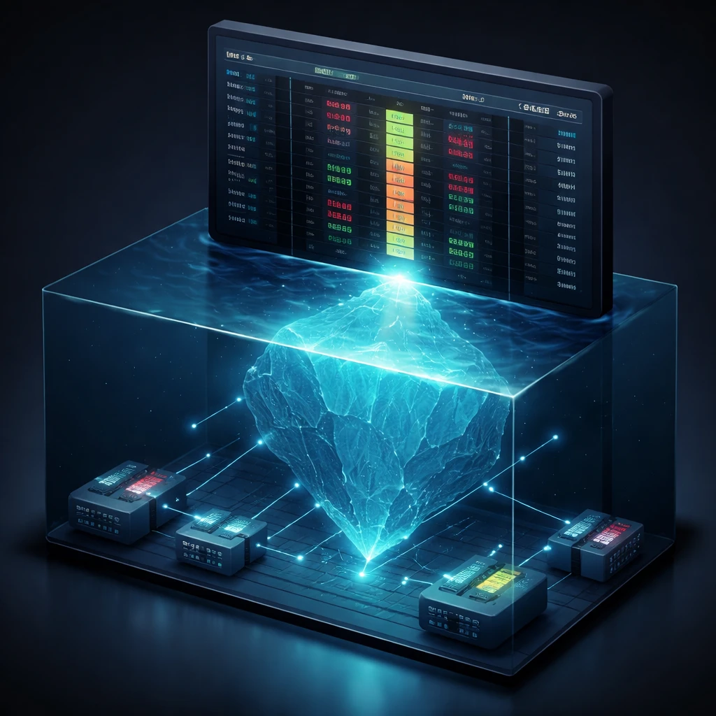 Illustration of an order book with a small visible slice and a larger hidden reserve depicted as an iceberg below the surface.