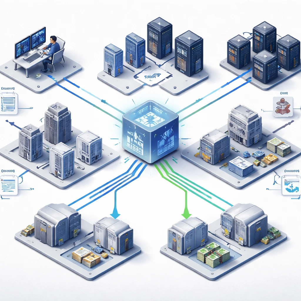Isometric diagram of order flow from trader to broker to multiple venues, then to a central clearinghouse and custodians, illustrating how markets are organized.