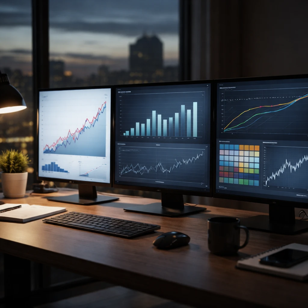 Analyst workstation displaying charts of inflation, GDP, yield curves, currencies, and commodities.