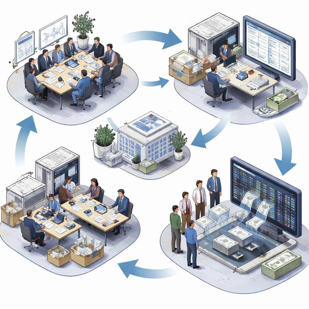 Isometric illustration of the workflow from corporate authorization to share distribution and exchange trading.