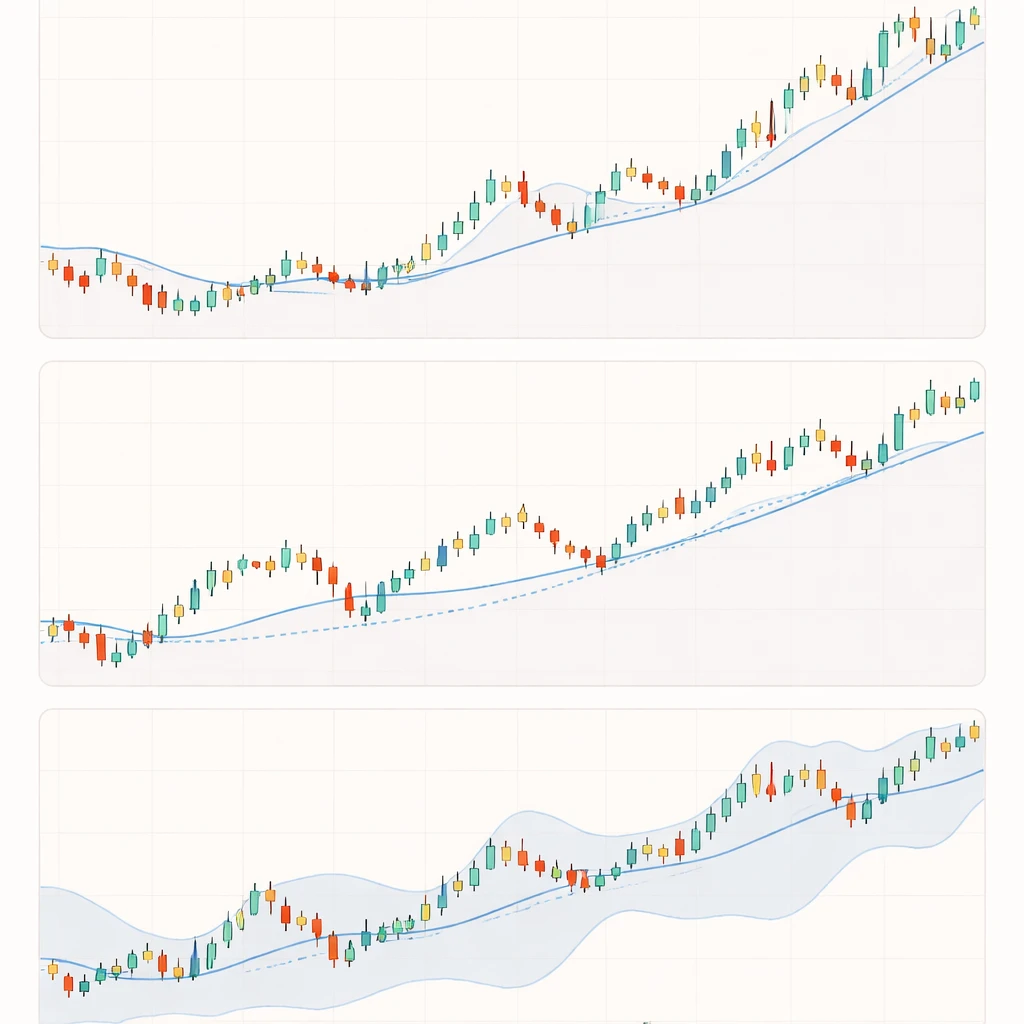 Multi-timeframe price chart illustration showing trend phases with moving average slopes, regression line, and volatility bands.