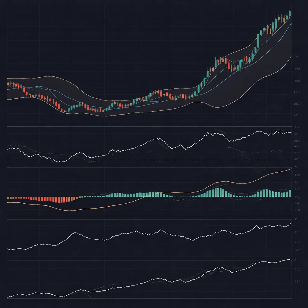 Multi-pane chart illustrating indicator confluence across trend, momentum, volatility, and volume.