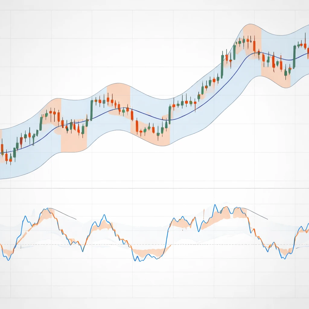 Chart showing price deviating from a moving average with volatility bands while a lower oscillator panel highlights momentum extremes, illustrating mean reversion.