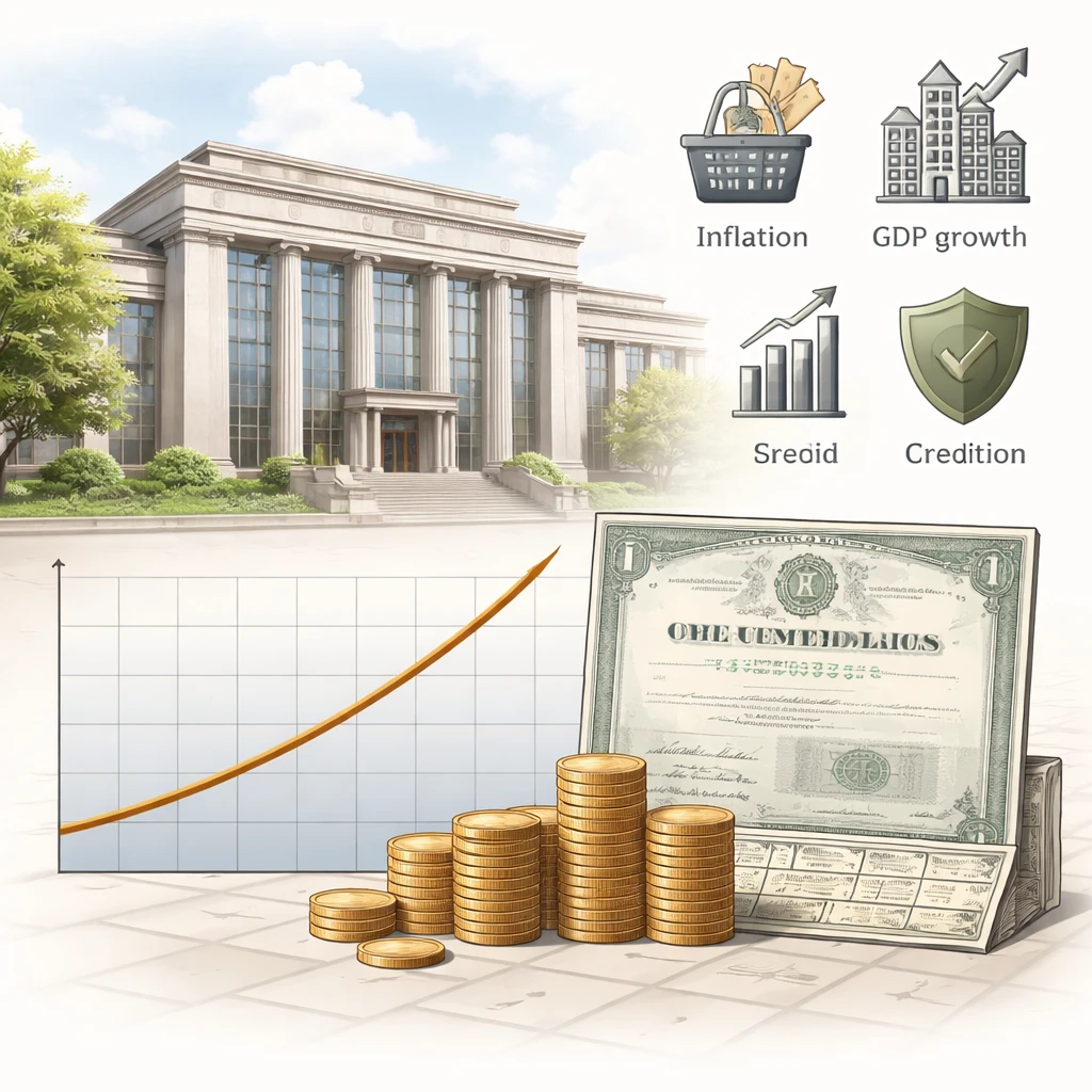 Illustration showing a central bank, a yield curve, and bond cash flows to visualize how interest rates shape valuation.