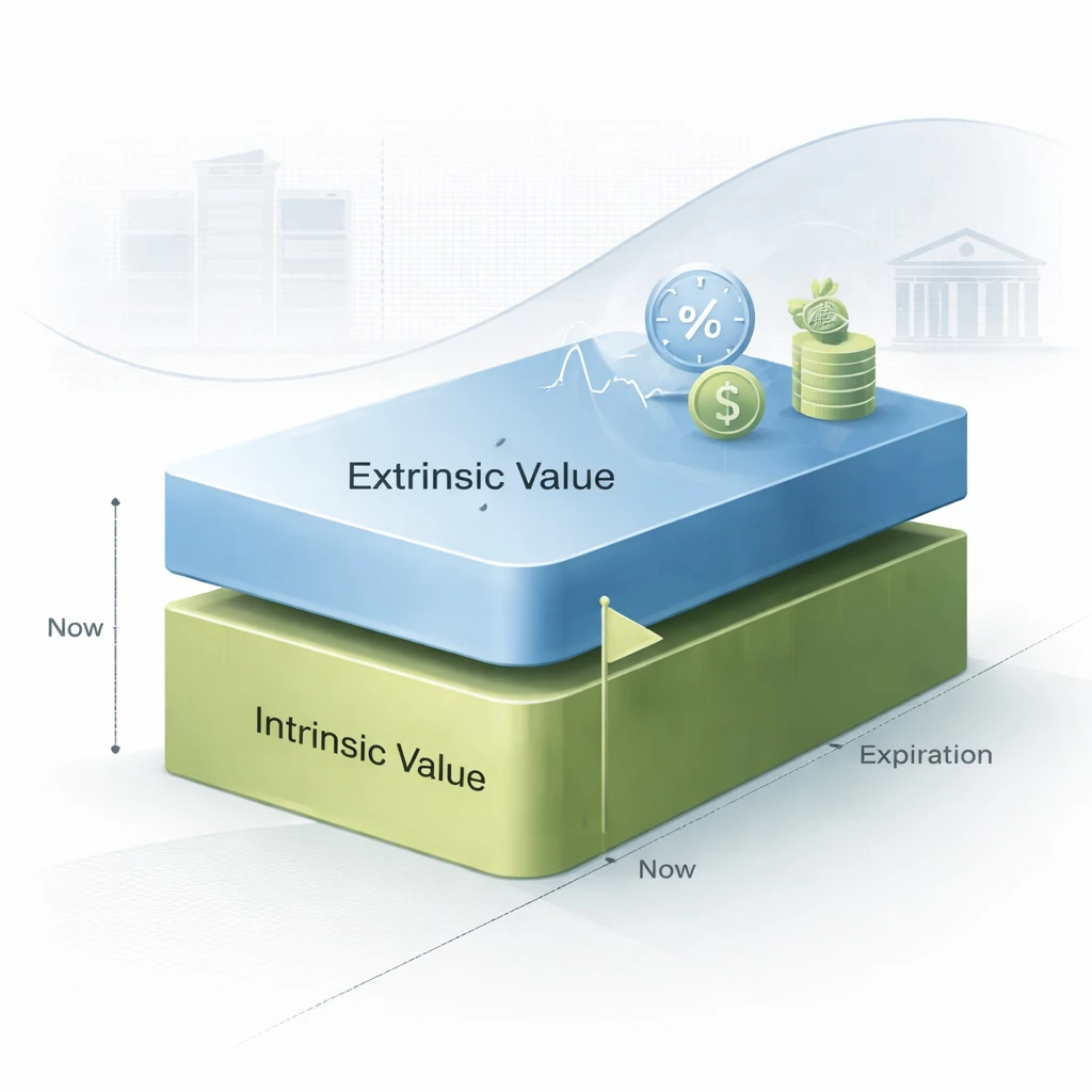 Layered visualization of an option’s premium divided into intrinsic and extrinsic value with time and volatility context.