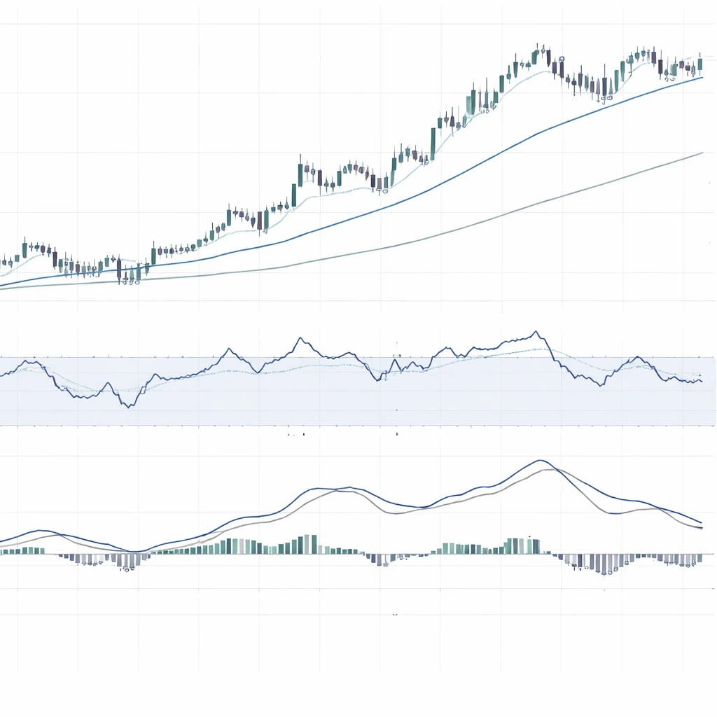 Multi-panel chart showing price with moving averages, RSI turning before price, and MACD crossing later, illustrating leading versus lagging behavior.