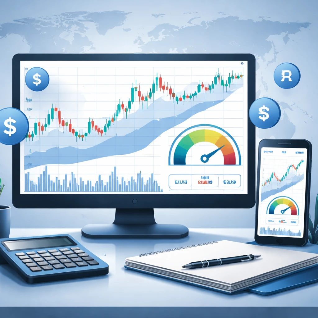 Illustration of a forex margin account with charts, margin gauge, and global currencies.