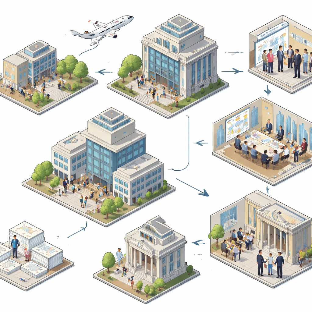 Illustration showing stages of a public company’s lifecycle from startup to exchange listing to maturity and exit paths.