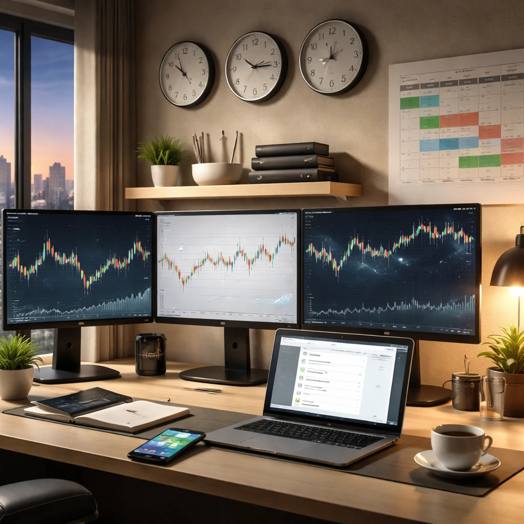 Home trading workspace depicting clocks for multiple time zones, screens with varied market sessions, a calendar, and phone alerts, illustrating lifestyle and timeframe alignment.