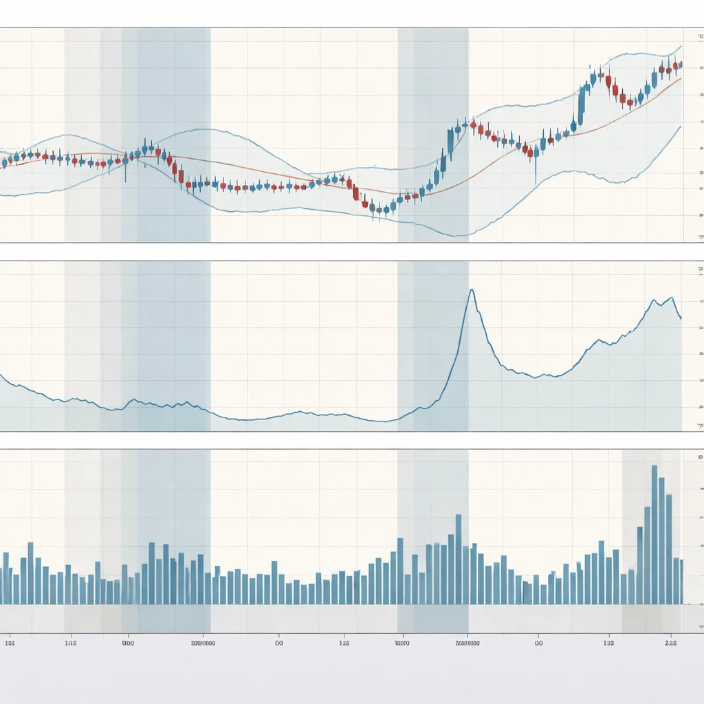 Multi-panel chart illustrating candlesticks with volatility bands, ATR spike after a gap, and seasonal volume variations including a contract roll spike.