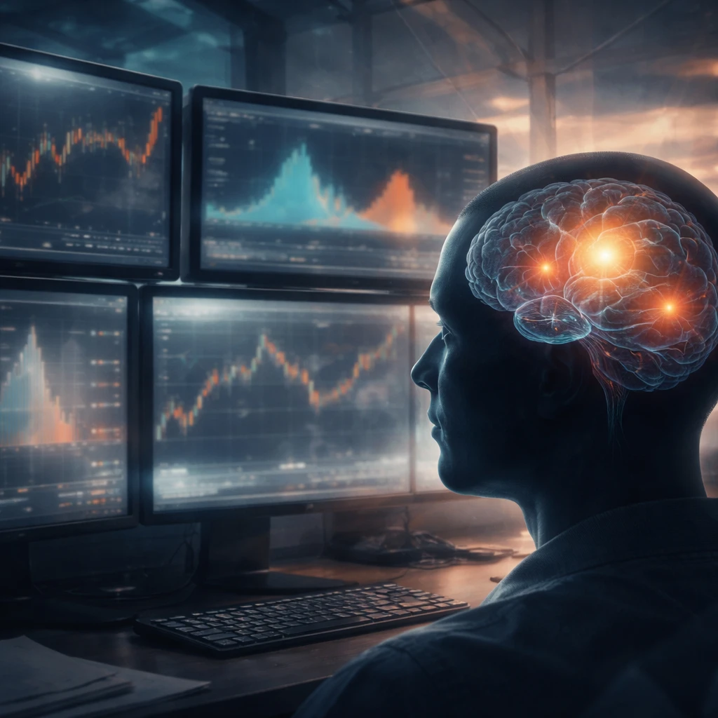A trader’s workstation with charts and a semi-transparent human silhouette revealing brain regions, symbolizing cognitive biases at work.