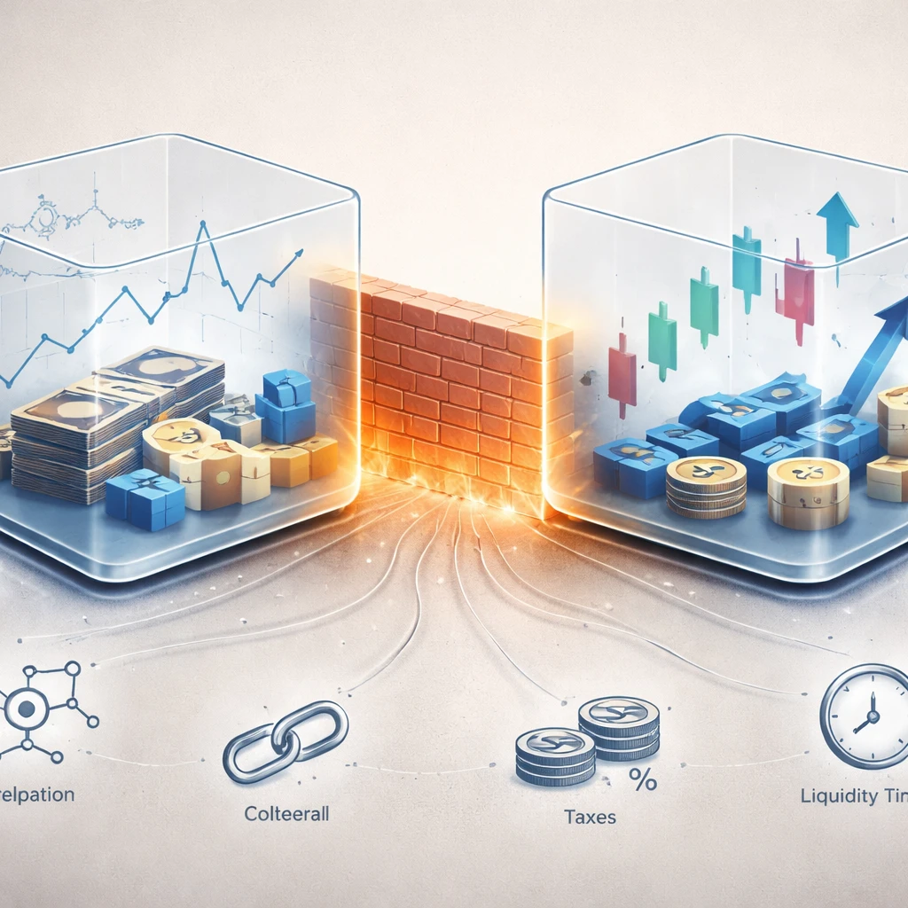 Two capital buckets separated by a firewall with subtle linkages representing correlation, collateral, taxes, and liquidity between long-term and trading capital.