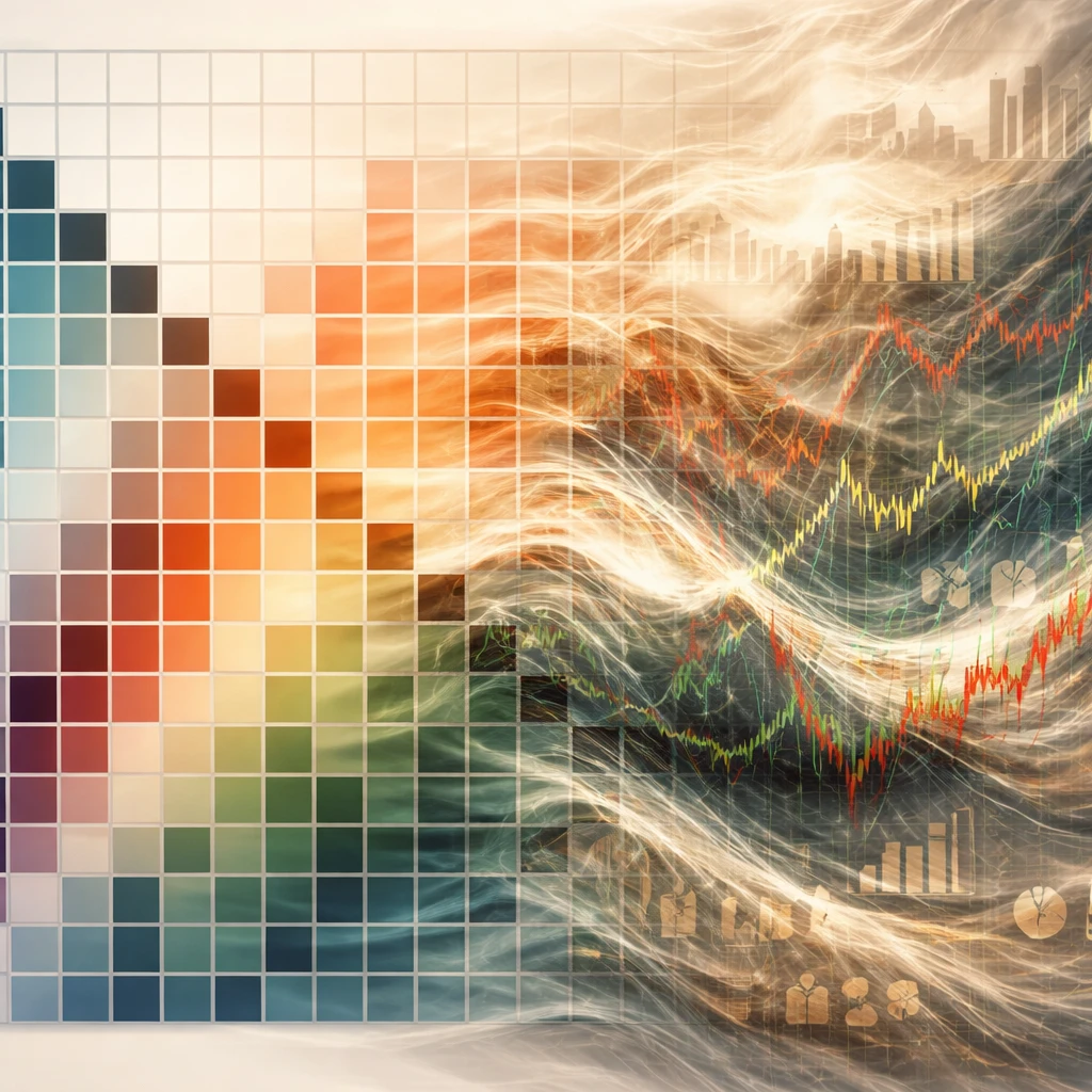 A stylized correlation heatmap transitioning into a turbulent multi-asset market scene, symbolizing unstable relationships in stress.
