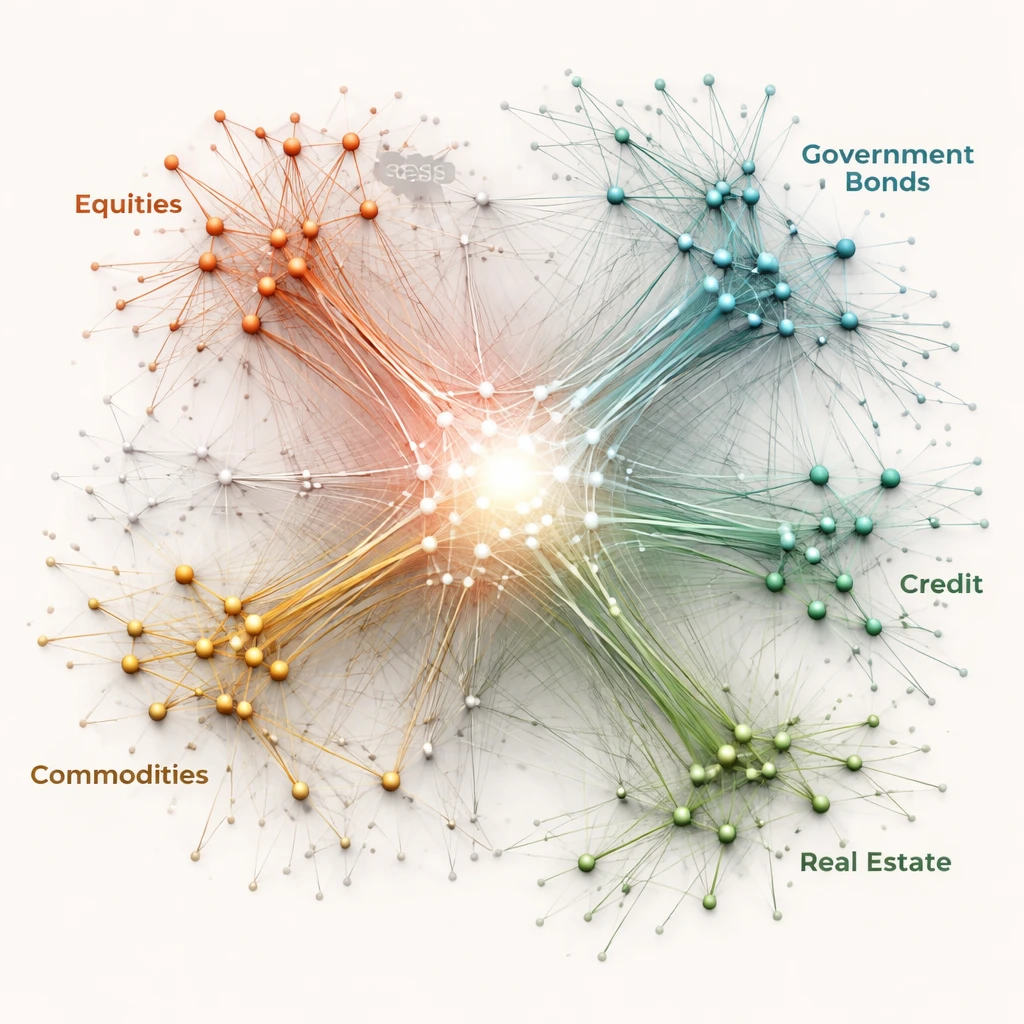 Visualization of a multi-asset portfolio network where correlations strengthen under stress, illustrating limits of diversification.