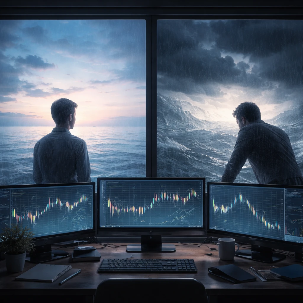 Contrasting calm and turbulent emotional states reflected beside a trading desk at dawn.