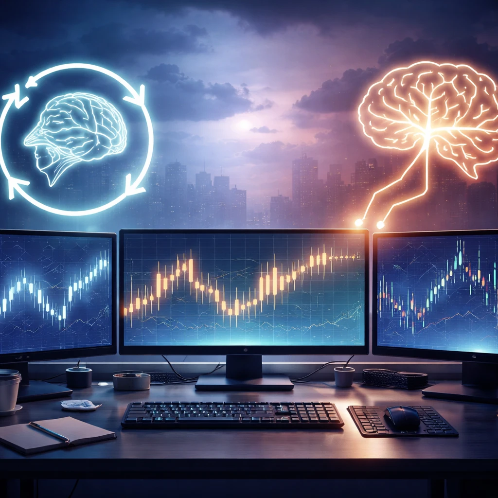 Conceptual visualization of habit loops contrasted with reflective decision pathways at a trading desk.