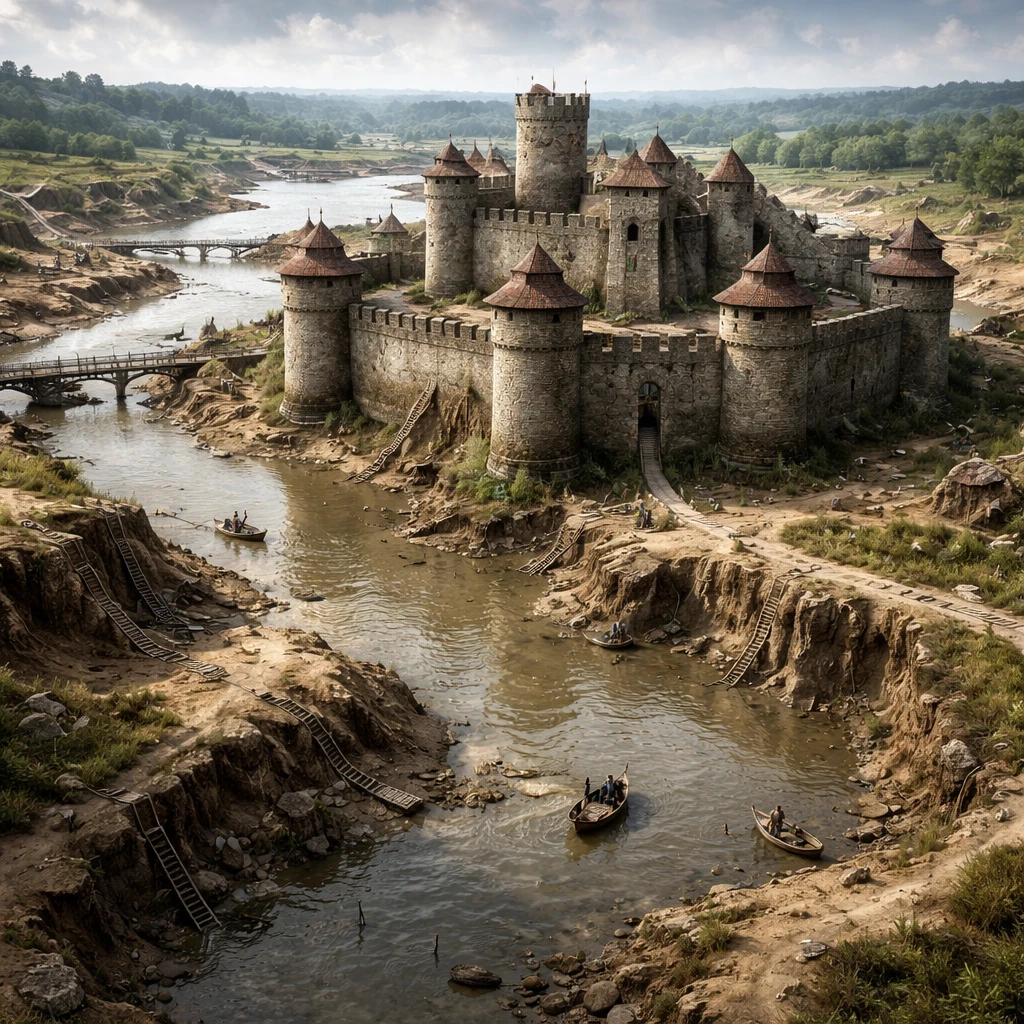 A fortress with a moat that is drying in places and being crossed by simple bridges, symbolizing the erosion and limits of competitive advantages.