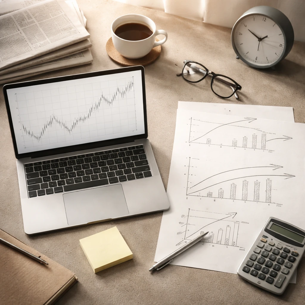 Analyst’s desk contrasting fast-moving news with long-horizon valuation work.