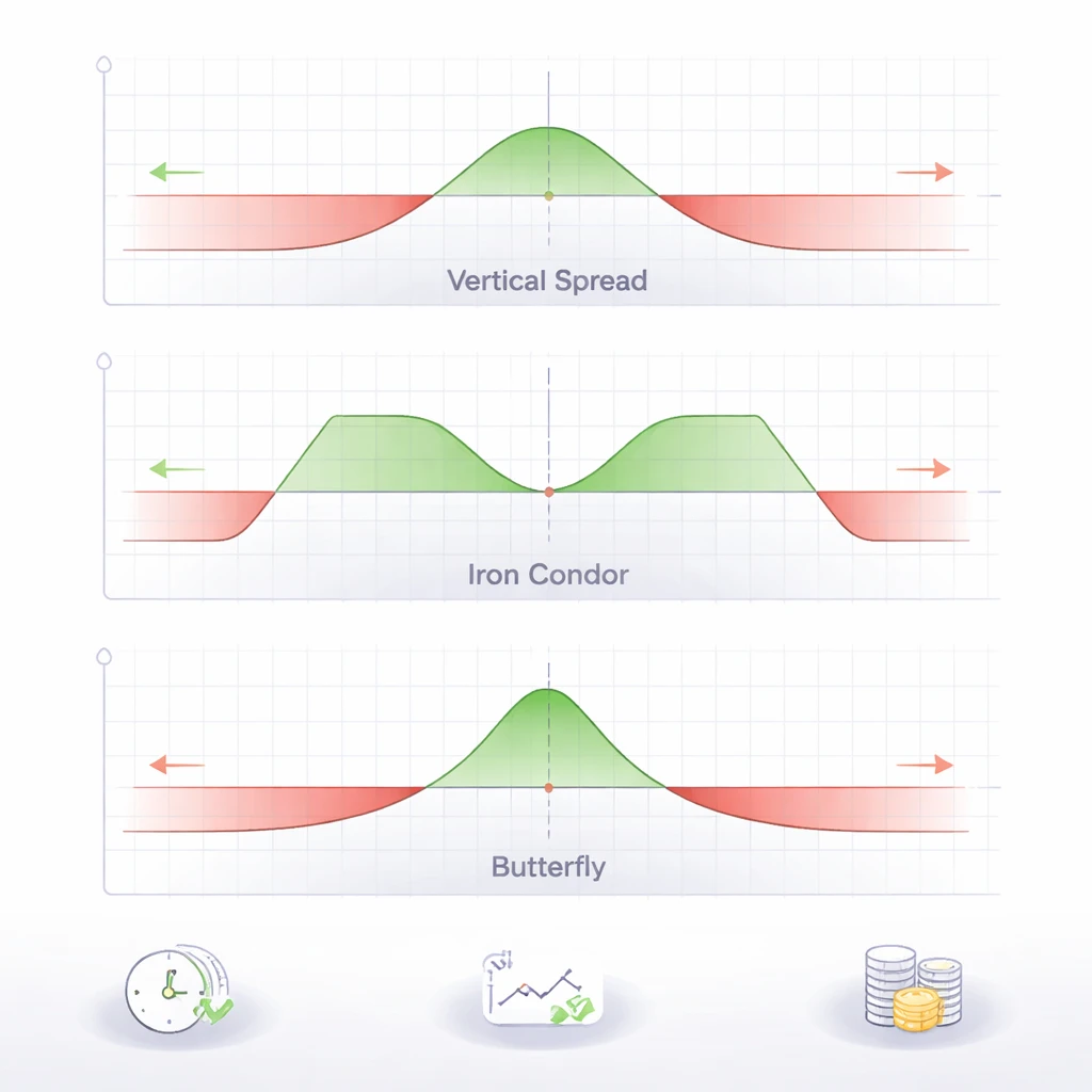 Diagram of options payoff profiles with capped gains and limited losses for spreads, iron condors, and butterflies.