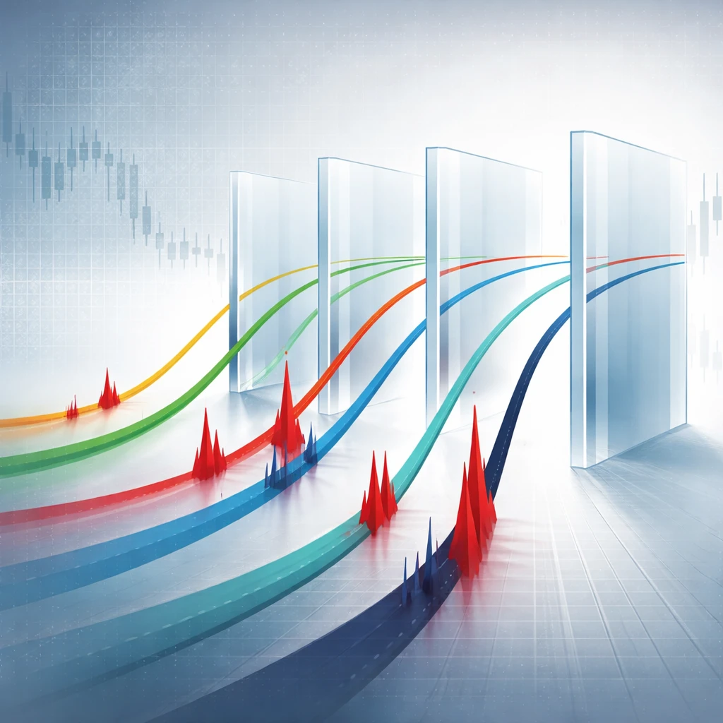 Conceptual graphic showing multiple position sizing model curves constrained by transparent guardrails against a backdrop of market volatility.