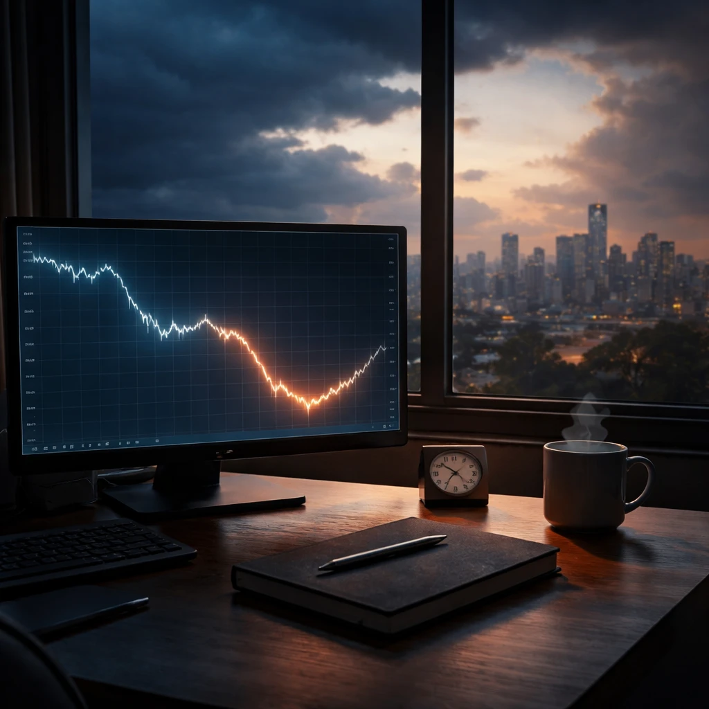 Trading desk at dusk with a monitor showing a drawdown curve and a clearing sky reflected in the window, symbolizing stress and recovery.