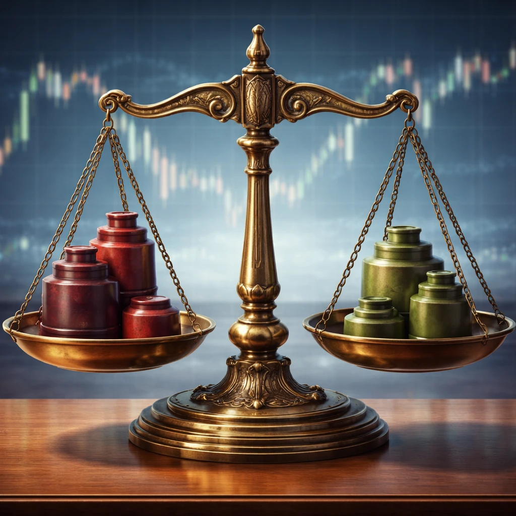 An antique balance scale with heavier red weights on one side and lighter green weights on the other, set against a soft financial chart background.