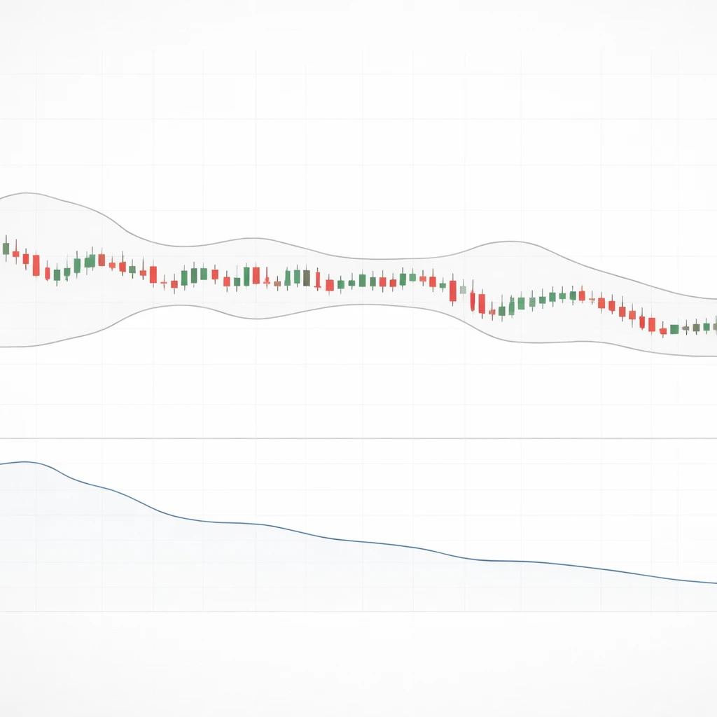 Price chart illustrating a low volatility phase with narrow candles, contracted bands, and a declining ATR panel.