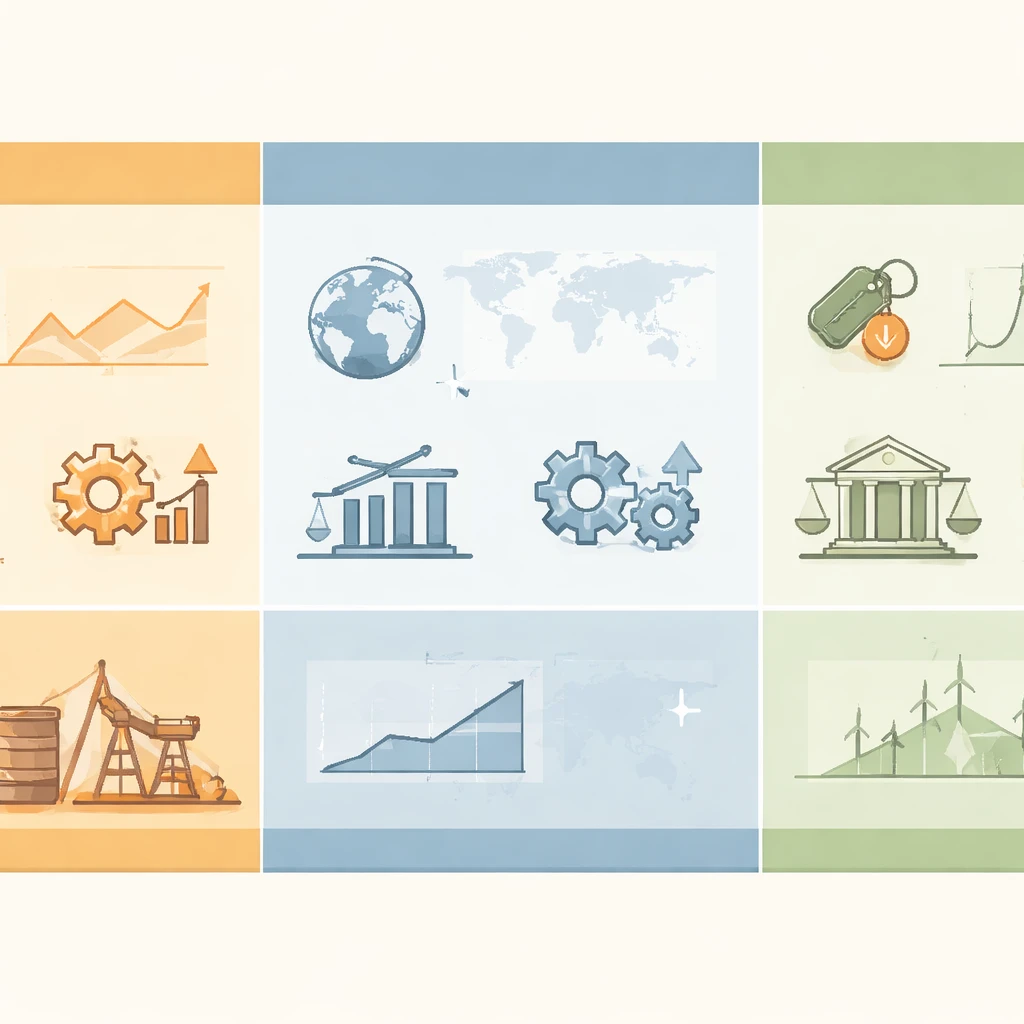 Conceptual timeline showing distinct macroeconomic regimes with changing inflation, interest rates, policy, and global integration signals.
