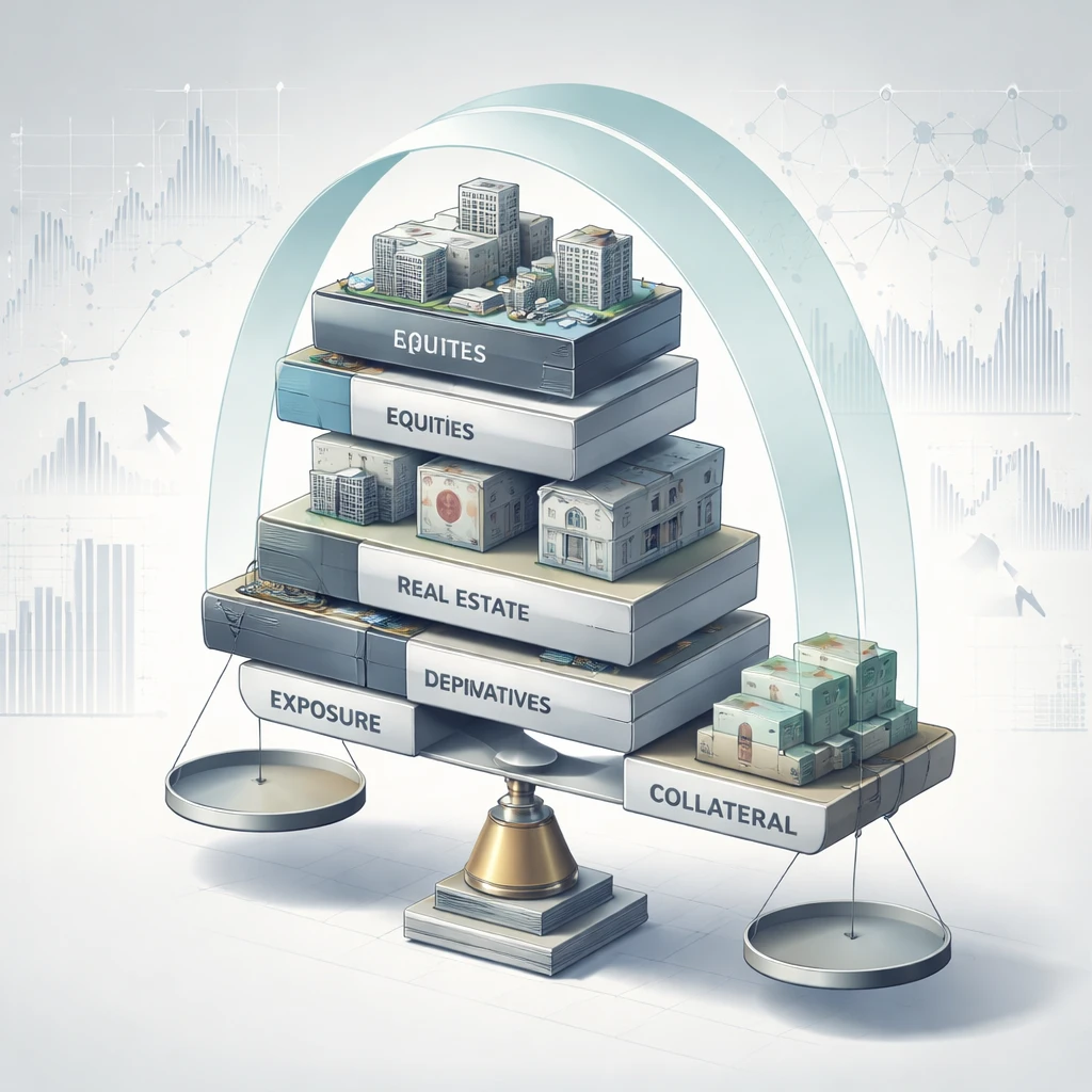 Isometric illustration showing layered portfolio exposures balanced against cash collateral, symbolizing portfolio-level leverage management.