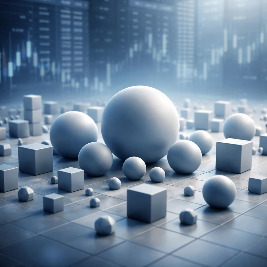Companies depicted as varying circle sizes to illustrate differences in market capitalization against a stock exchange backdrop.