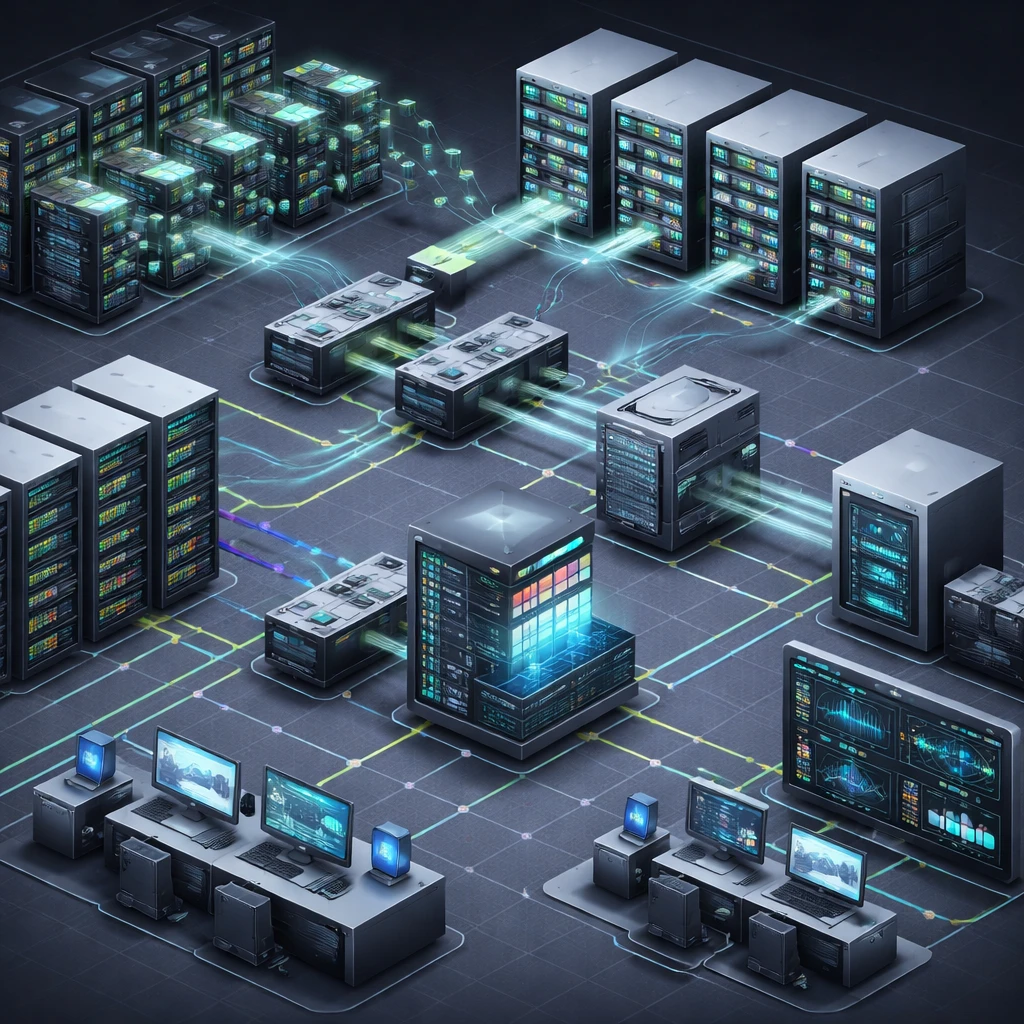Isometric visualization of a market data feed pipeline from exchange engines through network distribution and a ticker plant to user terminals.