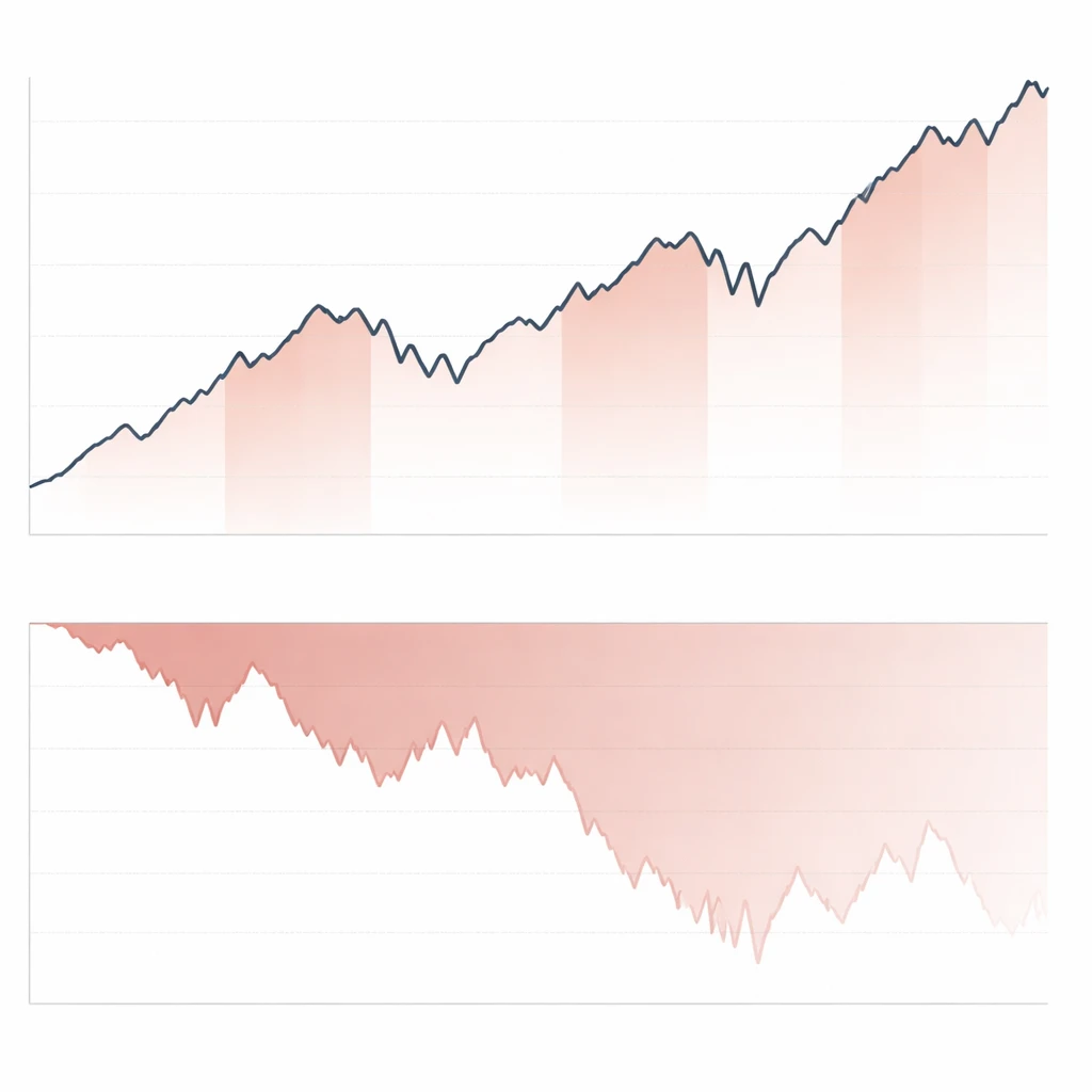 Equity curve with shaded peak-to-trough drawdown segments and an underwater chart panel.