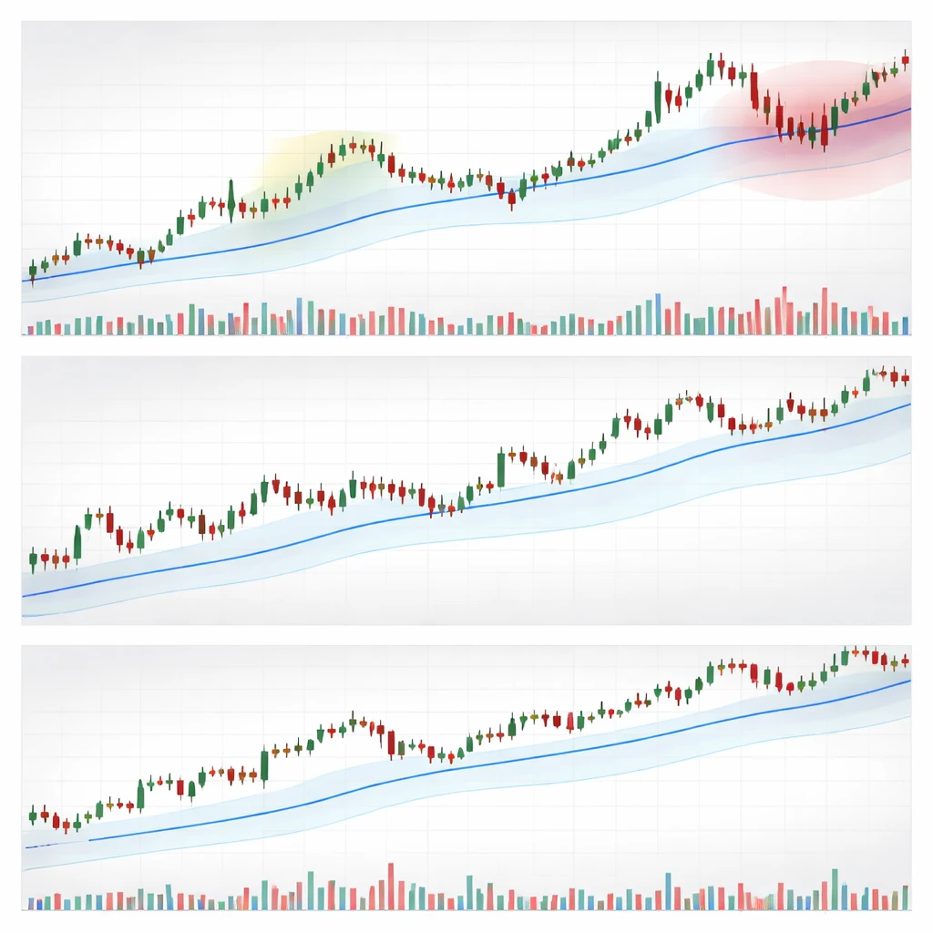 A multi-timeframe price chart showing short-term deviations relative to intraday, daily, and weekly averages.