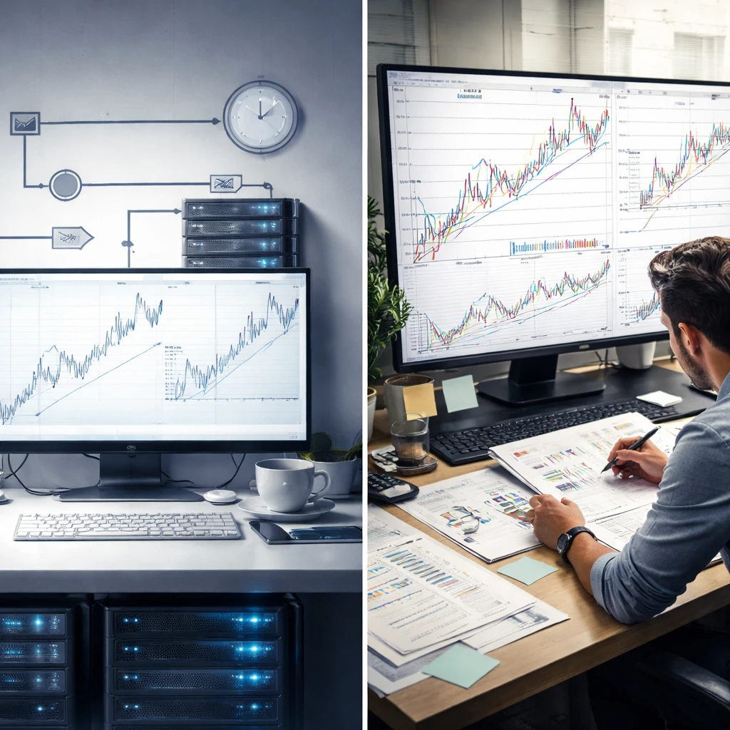 Conceptual split-screen of a mechanical algorithmic trend process and a human discretionary analyst reviewing trend charts, depicted without text.