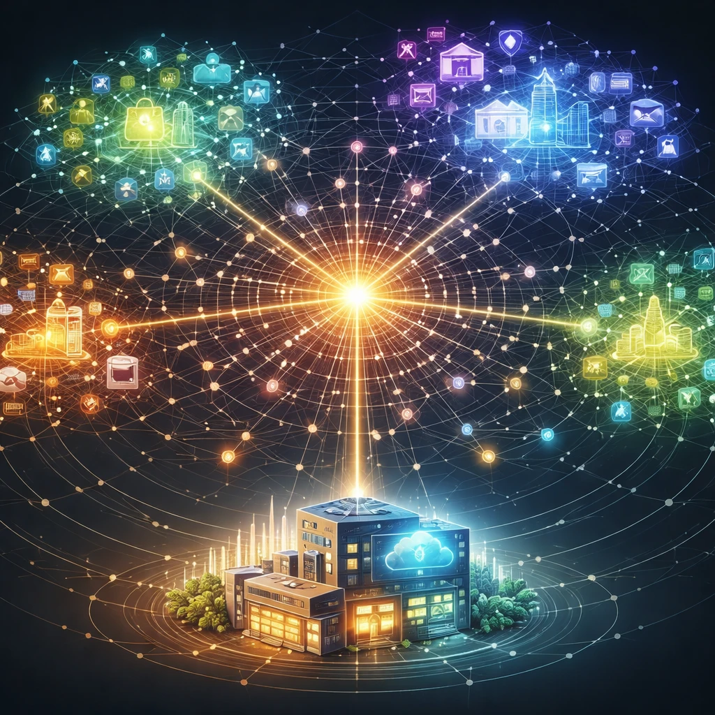 Conceptual network visualization of a news signal amplifying across media channels and affecting stakeholders linked to a company.