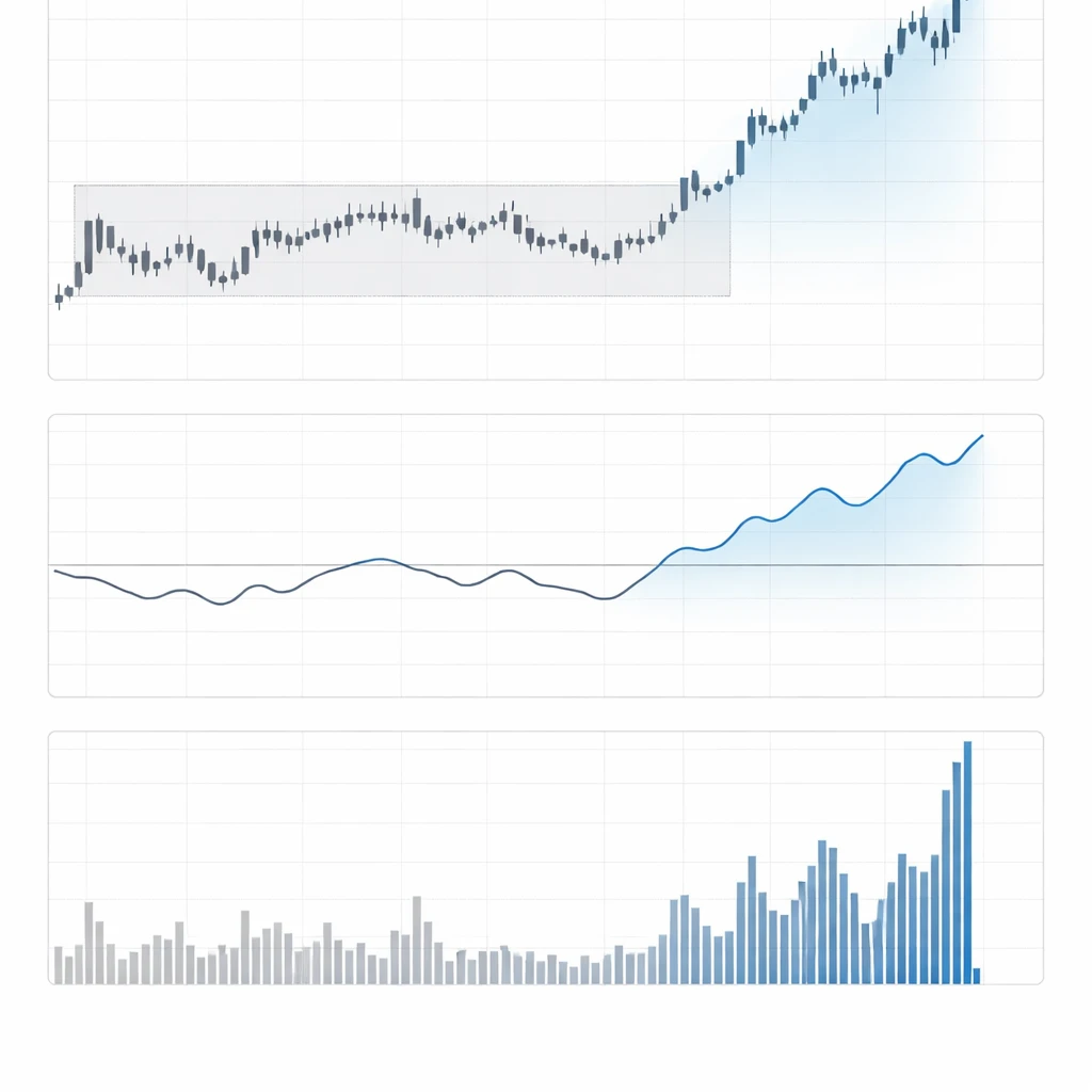 Price breaking out above a prior range with momentum strengthening and volume expanding in supporting panels.