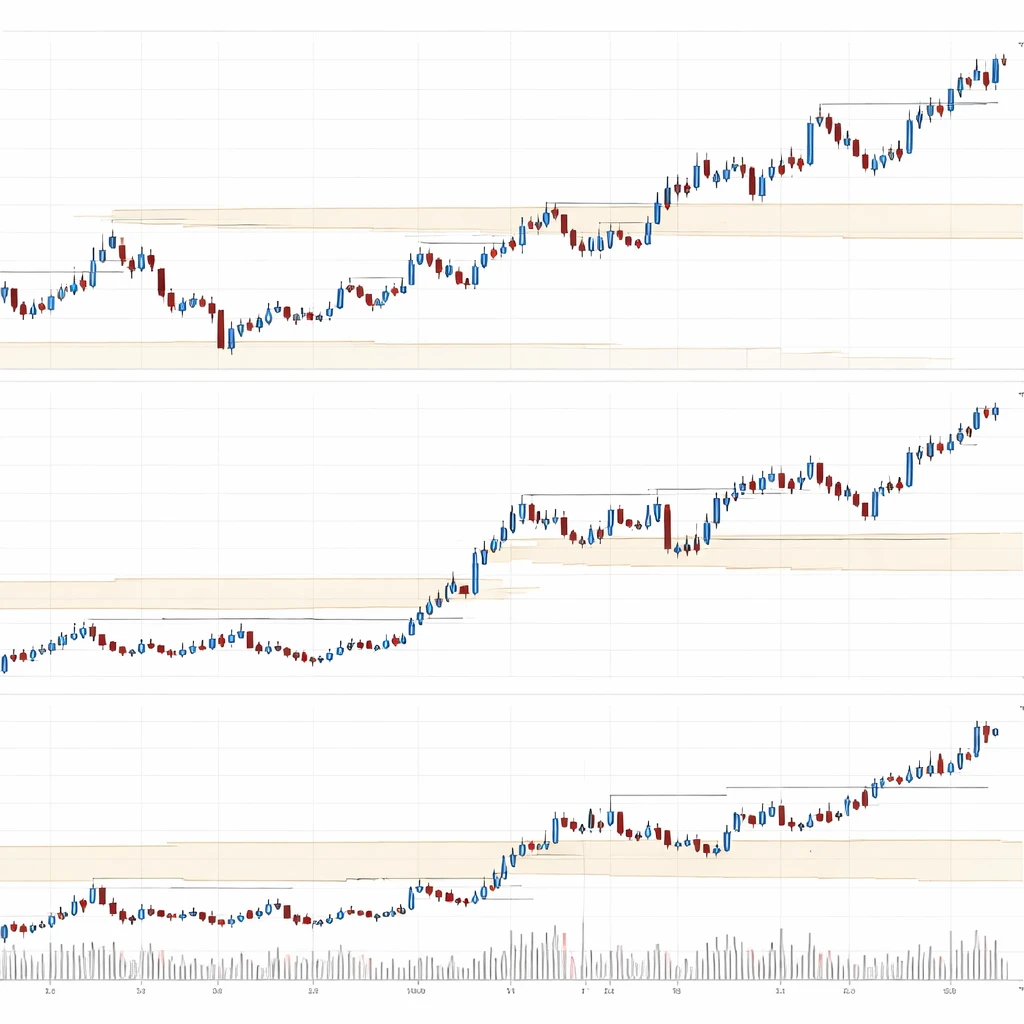 Three aligned charts of the same asset in weekly, daily, and 60-minute timeframes showing nested swings and zones.