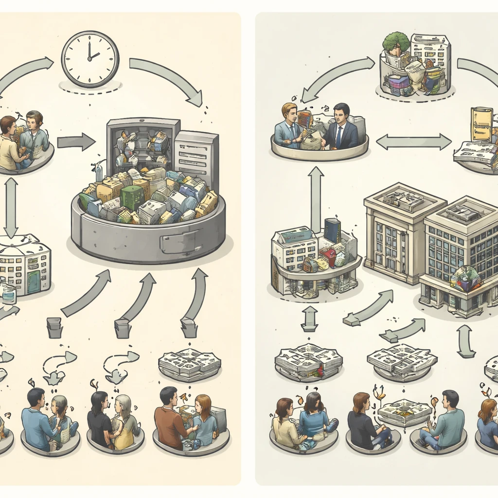 Side-by-side conceptual illustration of a mutual fund flow into a pooled portfolio and an ETF with exchange trading and authorized participant creations and redemptions, without text labels.