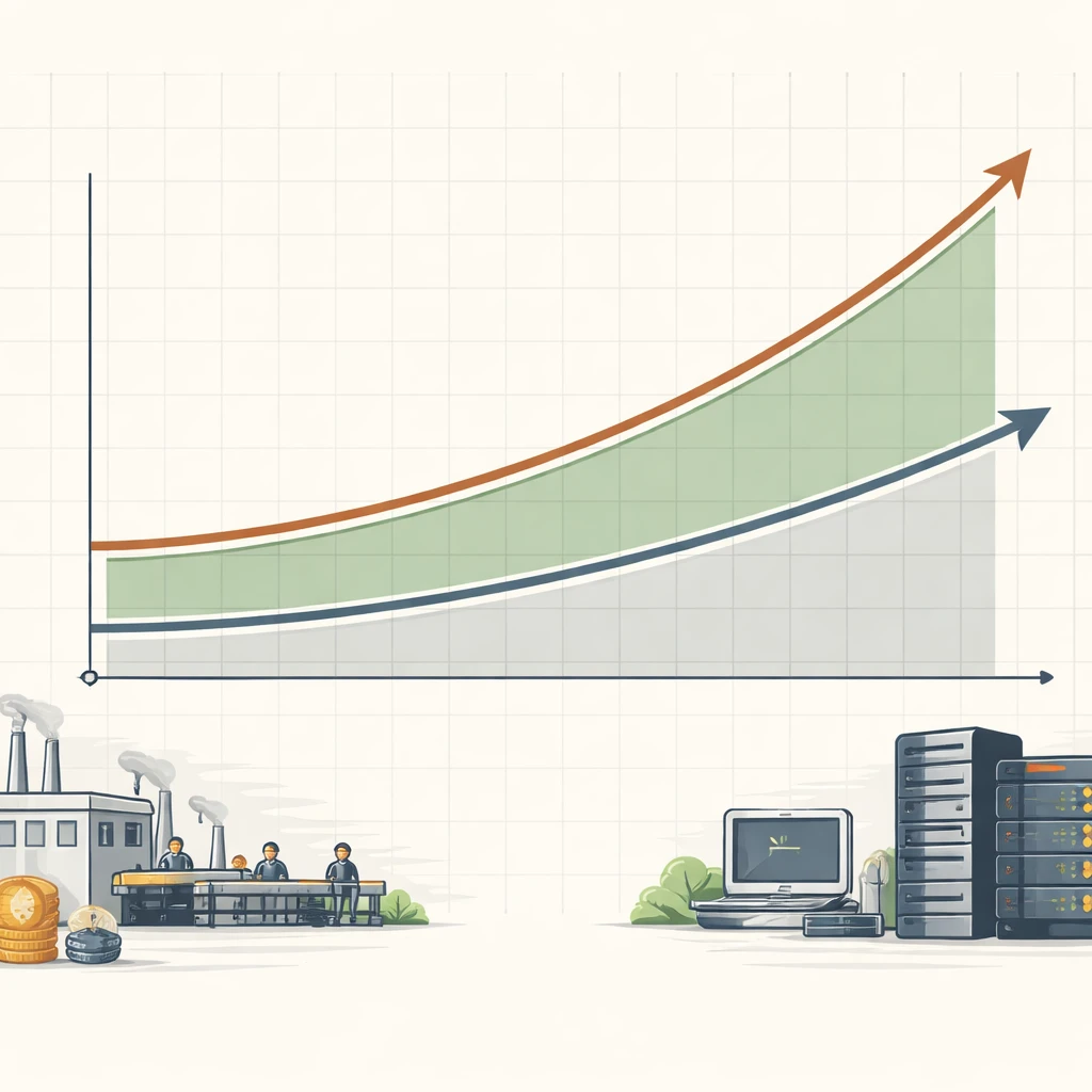 Illustration of operating leverage with revenue and total cost curves and a widening profit area as volume increases, suggesting fixed and variable cost dynamics.