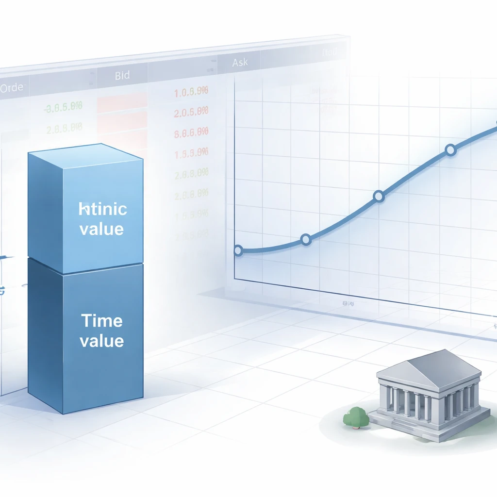 Conceptual illustration of an option premium split into intrinsic and time value with an options order book and volatility curve in the background.