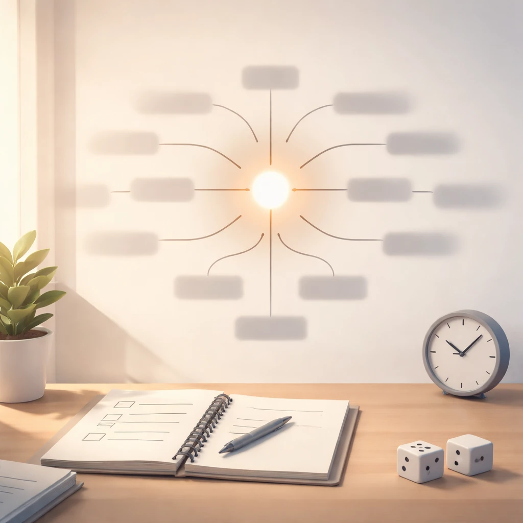 Stylized decision tree emphasizing a clear process node with blurred outcome branches in a minimalist trading workspace.