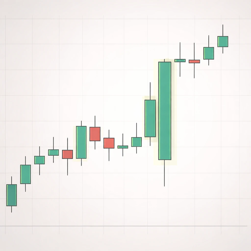 Candlestick chart highlighting a prominent outside bar that engulfs the previous bar’s range.